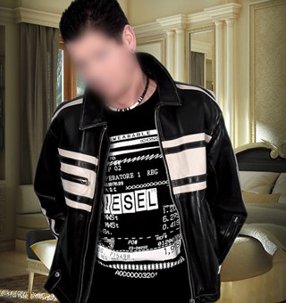 gigolo david jeans and leather jacket in hotel suite